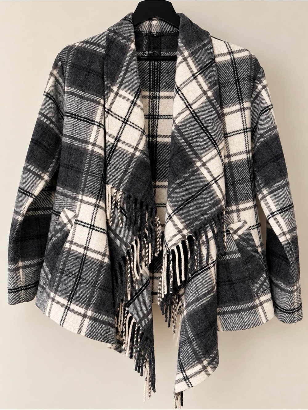 Faherty 100% Wool Plaid Fringe Cardigan Jacket XS Gray Cream